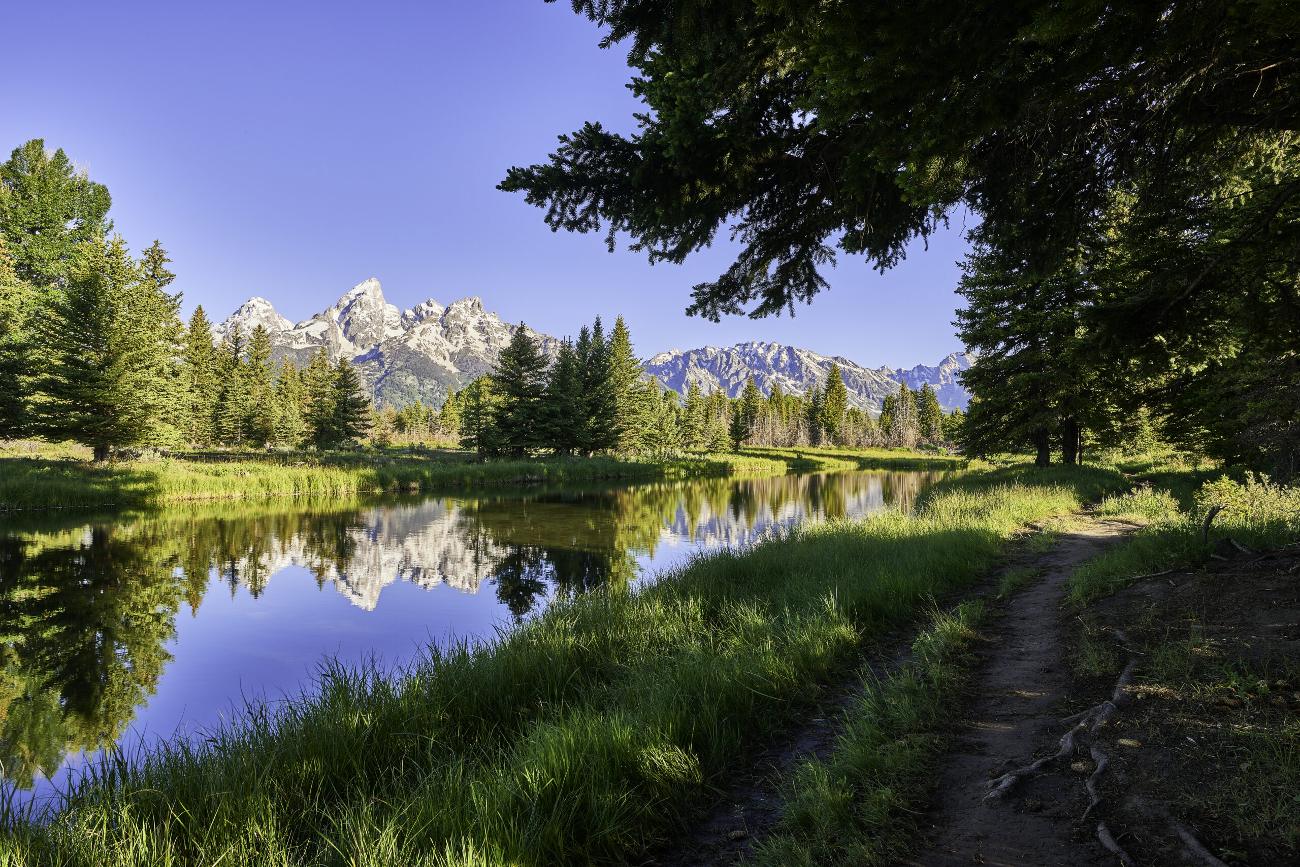 Reflection of the Tetons in the Snake River while hiking along it's banks.